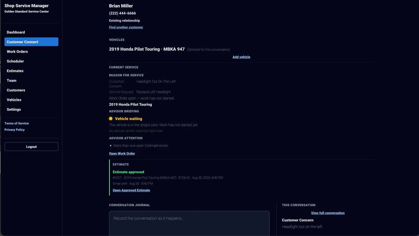 Shop Service Manager Customer Connect, with Customer Connect selected in the sidebar, showing current service, advisor briefing with vehicle waiting, and an approved estimate together.