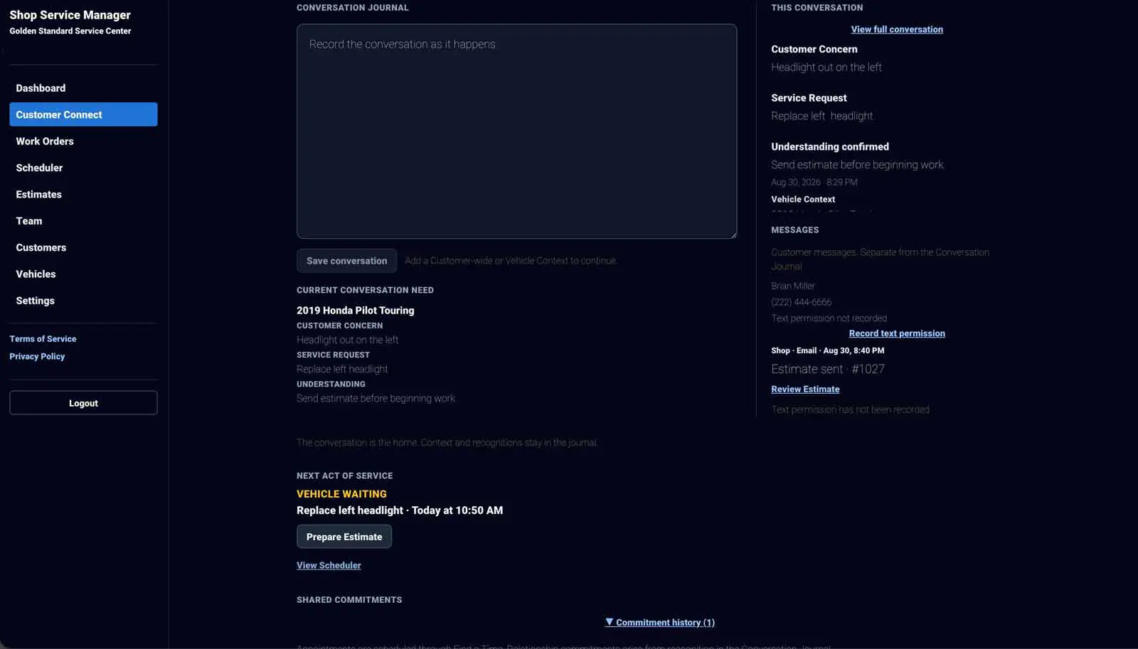 Shop Service Manager Customer Connect showing the conversation journal, this conversation panel, current conversation need, and next act of service, with Customer Connect selected in the sidebar.